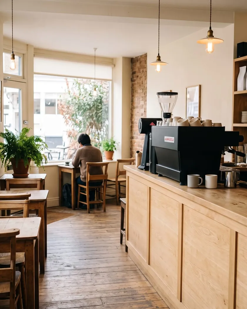 The bar and window seating at St. George Cafe on a bright morning