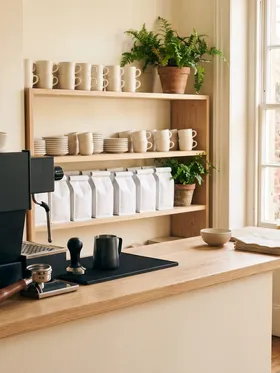 The bar counter with wooden shelving and a bright window behind it