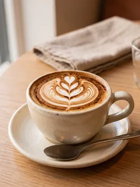 A cappuccino with latte art on a saucer, set on a wooden table