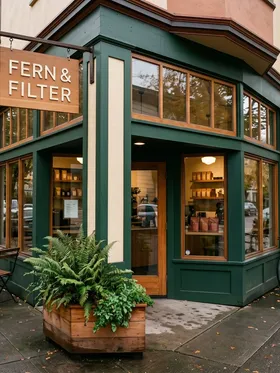 The shopfront with its sign and a sidewalk table beside the door